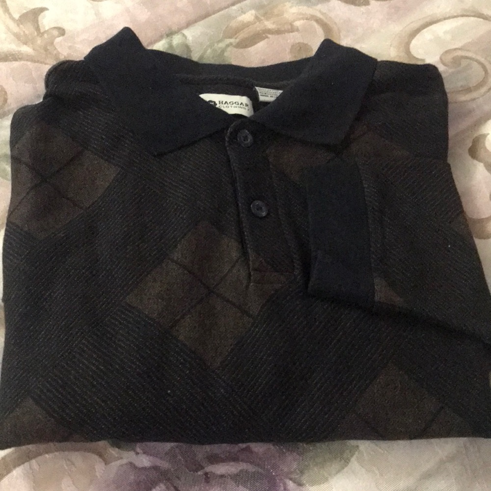 Mens HAGGAR long sleeve pullover shirt size L in black brown print